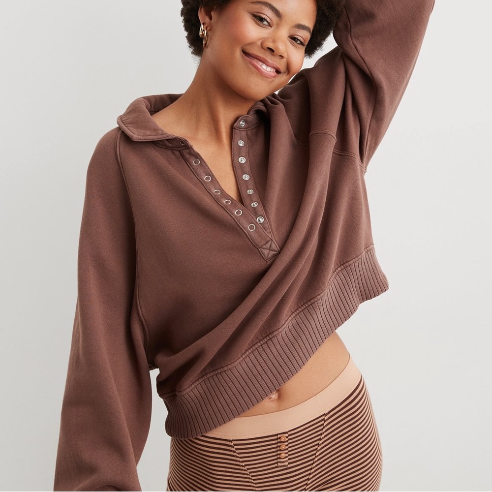 NWT Aerie Quarter Snap Sweatshirt Brown XXL - Picture 6 of 8